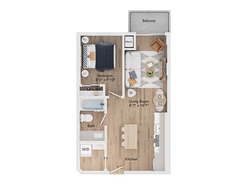 A diagram of a small apartment layout with a bedroom, living room, kitchen, bathroom, and balcony.